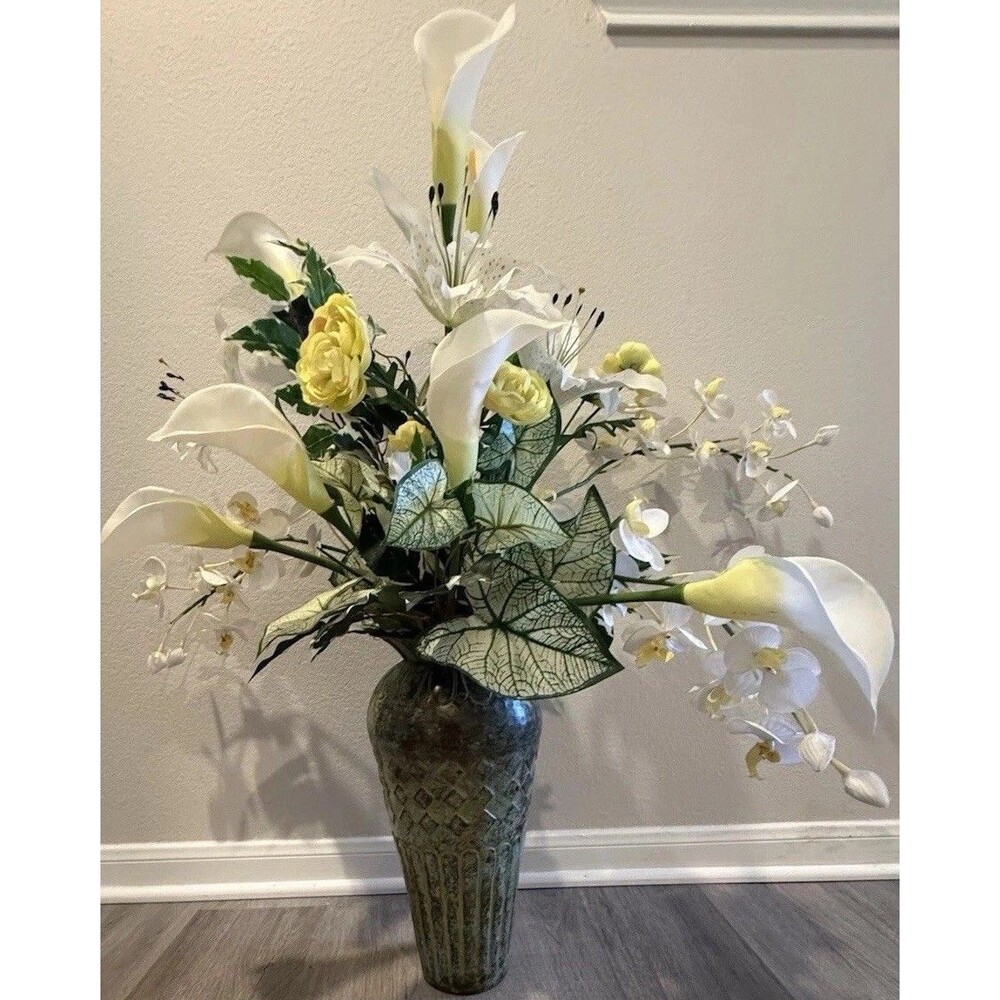 Silk Floral White Callas Lillies Yellow Roses And White Orchids Set In Textured